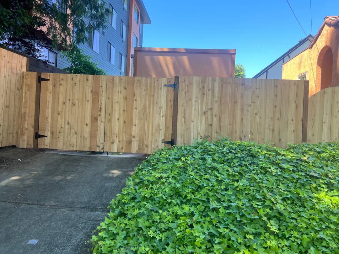 Freshly built wood fence enclosing residential yard with greenery